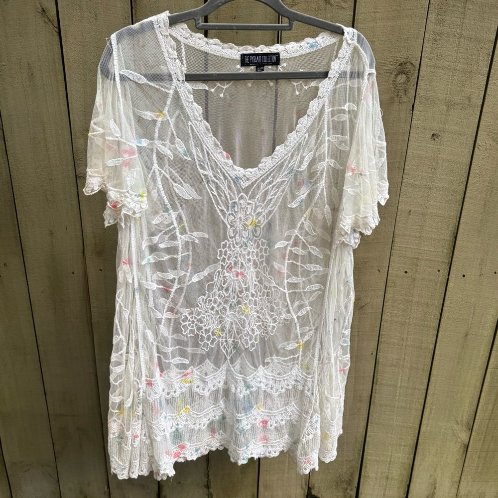 The Pyramid Collection Sheer White Tunic with Floral Accents